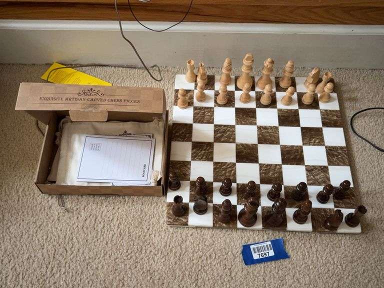 Chess set w/ inlaid stone board and wooden chess pieces