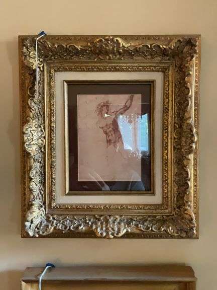Michelangelo print, nude male study for "Battle of Cascina", framed 16 x 18