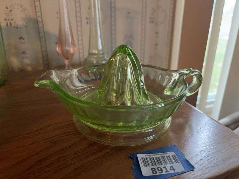 Green depression glass juice reamer