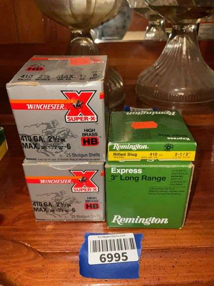 Ammo: Winchester 410ga. shotgun shells, Remington 410ga. rifled slugs, Remington 3" long range shells, see photos for quantities contained in the boxes