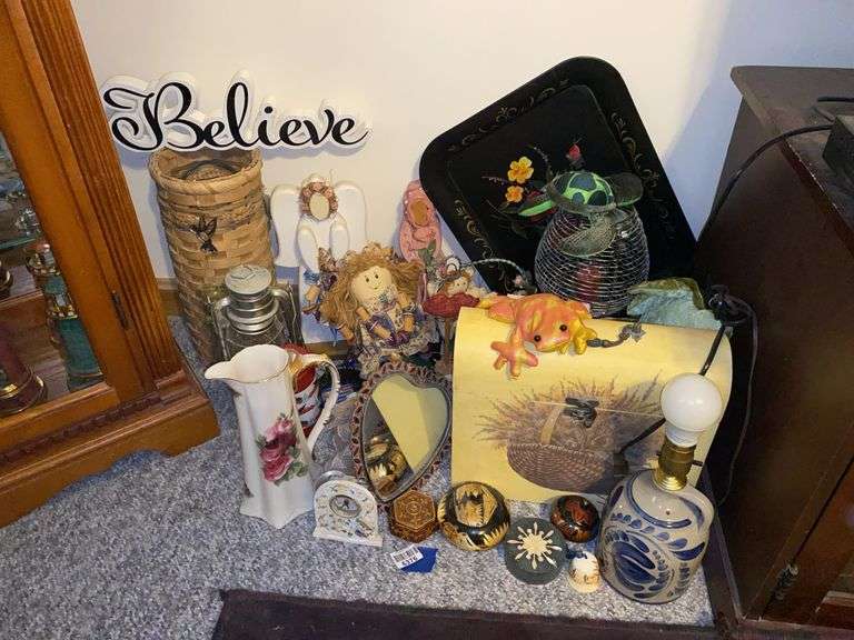 Decor items lot including: tole tray, stoneware jug lamp base, cloth dolls, china ewer, basket