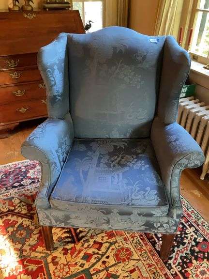 Wing arm chair in blue damask upholstery, square front legs