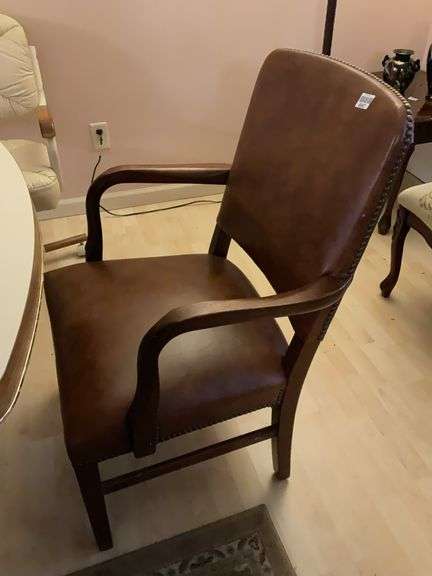Two open arm chairs w/ leather-look upholstery, tack head trim - by the piece take 2