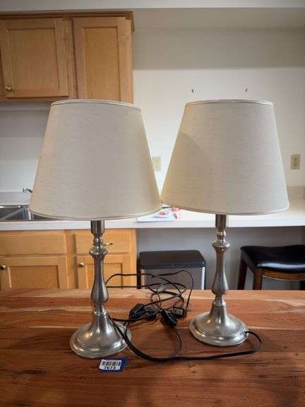 Pair of brushed chrome table lamps w/ conical shades - by the pc take two