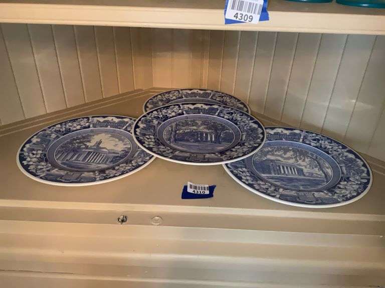 Contents of shelf: four Wedgwood Washington & Lee University blue & white souvenir plates - by the pc take four