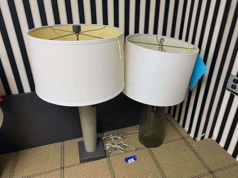 Two table lamps w/ shades: granite look cylinder, glass base 32” and 29”