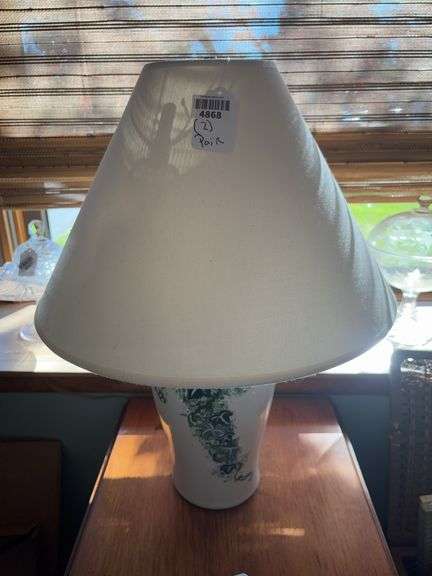 Pair of ceramic base table lamps w/ ivy decor, conical shades - by the pc take two