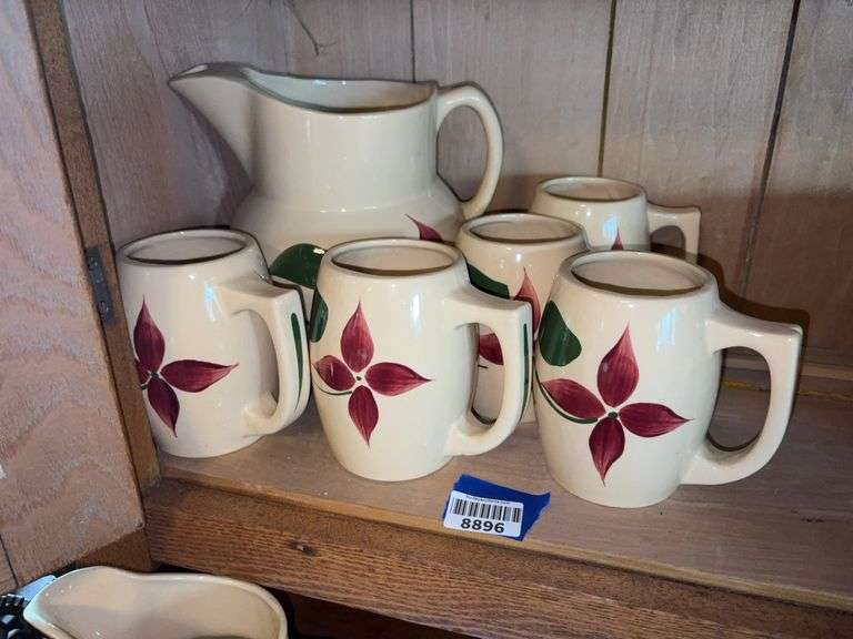 WATT ware pottery floral pattern pitcher and five mugs