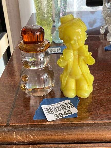 Blenko glass snowman paperweight, Boyd yellow opaque Chuckles the Clown figure