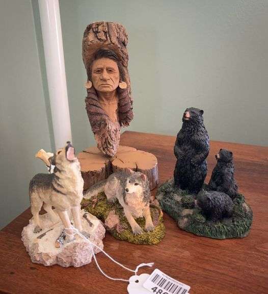 Wolf and bear figurines, Native American bust