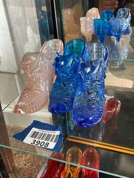 Three Fenton glass cat in shoes: pink iridescent, blue