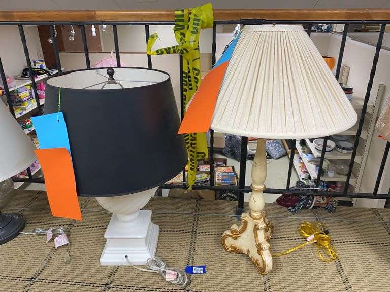 Two table lamps w/ shades: white urn, turned column28” and 35”