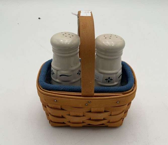 Longaberger pottery salt and pepper blue trim with basket