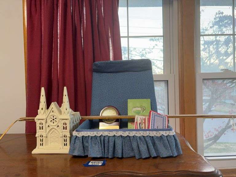 Model cathedral, yardsticks, dresser box and contents: playing cards, postage stamps, desk clock, misc