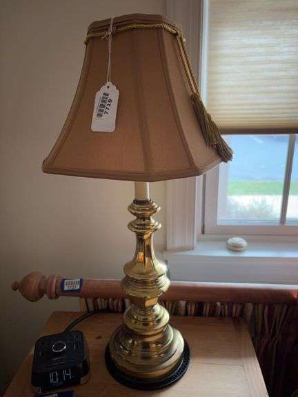 Pair of brass tone table lamps w/ square fabric shades w/ tassels - by the pc take two