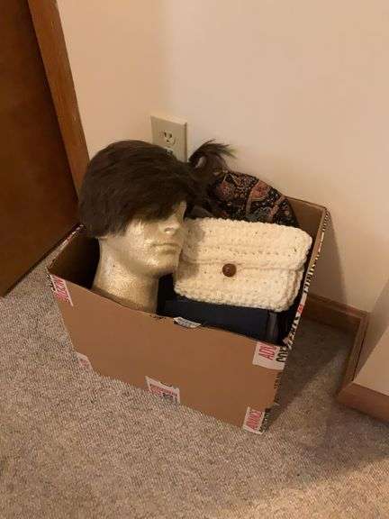 Vera Bradley and other purses, wig on styrofoam head