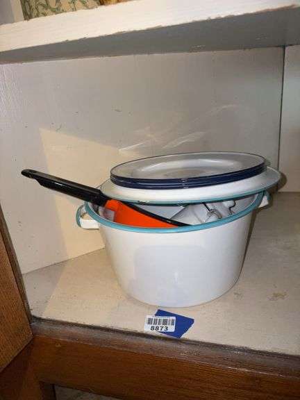 Enamelware pans, plates, and individual teapot