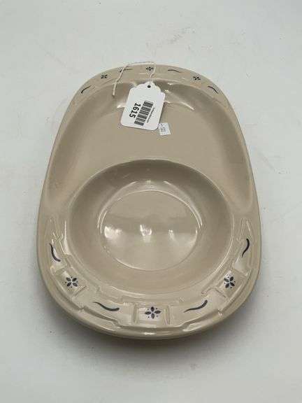 Longaberger pottery dip plate blue trim