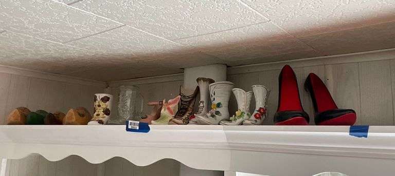 Wooden shoes, decorative shoes in ceramic and glass