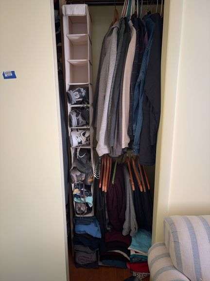 Contents of closet men's clothing, shirts, suits, jackets, sneakers, flipflops