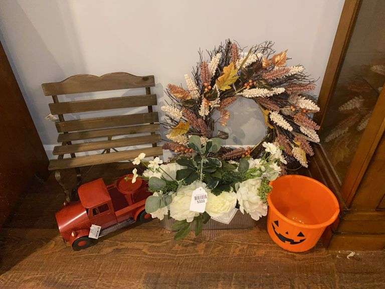 Doll bench, pickup truck candle holder, Fall wreath, faux flowers, Halloween treat bucket
