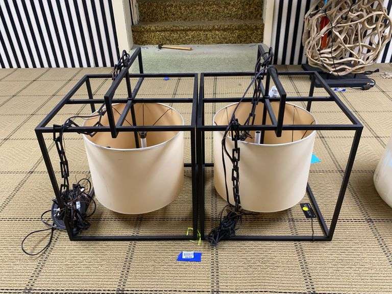 Pair of wrought metal cube ceiling light fixtures