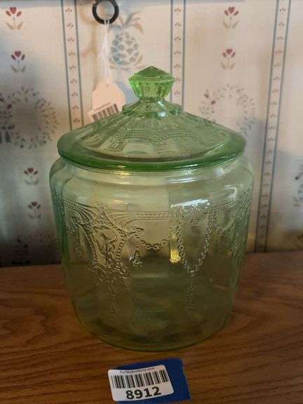CAMEO green depression glass cracker jar