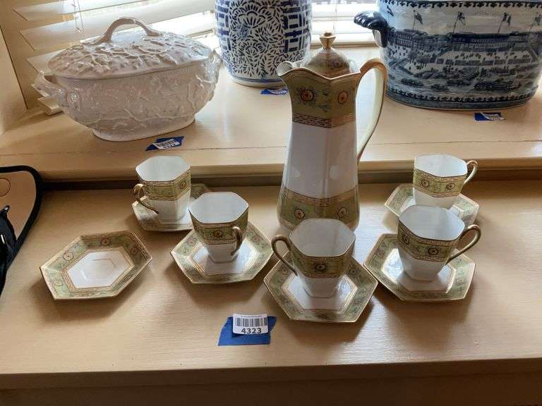 Handpainted Nippon porcelain chocolate set: pot, five cups, six saucers