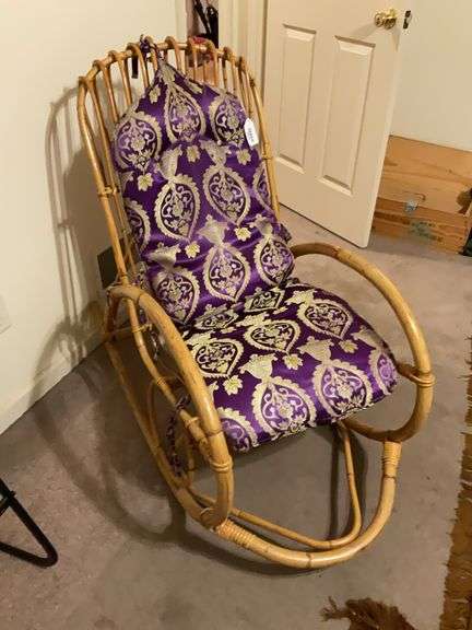 Bent rattan rocking chair w/ purple cushions