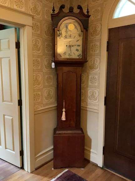 Tall case clock w/ open scroll pediement, painted moon phase dial w/ second dial and date wheel, 19 x 11 x 92
