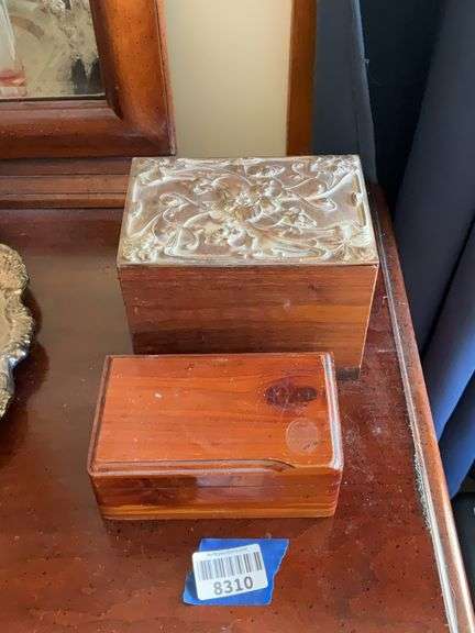 Dresser box w/ metal Art Nouveau top, and cedar dresser box