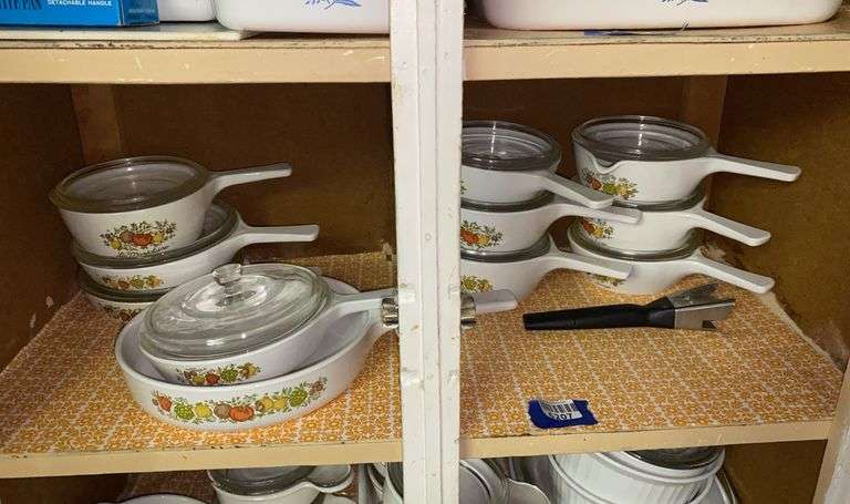 Contents of shelf: vintage Corning Spice of Life cookware