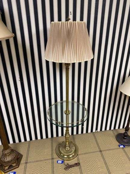 Brass tone combination floor lamp/stand w/ glass top, pleated shade 56”