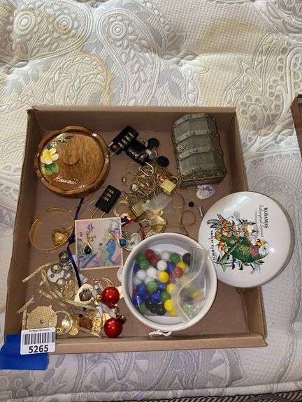 Costume jewelry: chains, earrings, dresser boxes, marbles