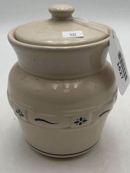 Longaberger pottery small canister with lid blue trim