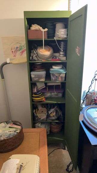 Green cabinet w/ sewing supply contents and adjustable floor lamp 18x13x67