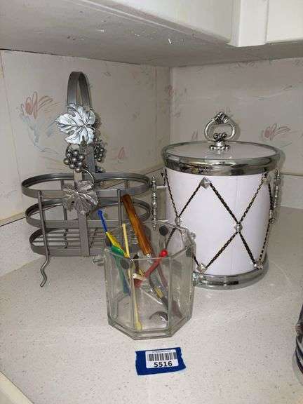 Ice buckets, swizzle sticks, Bakelite handled opener, wine caddy