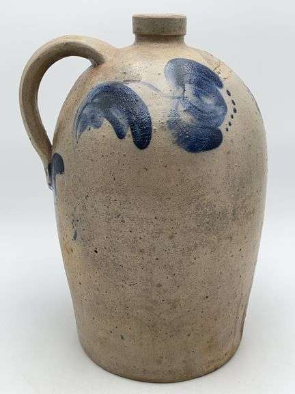 JOHN BELL/ WAYNESBORO ovoid stoneware jug w/ freehand cobalt floral decor