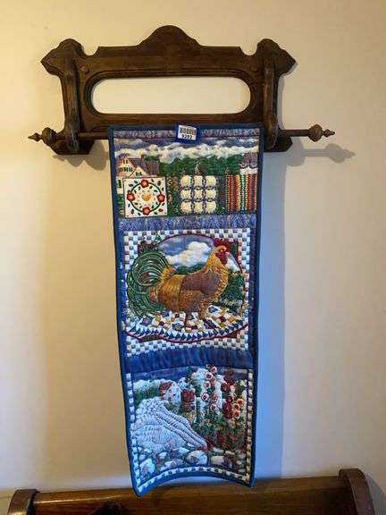 Victorian wall mount towel bar w/ quilted rooster and hen banner - BRING NECESSARY TOOLS TO REMOVE SHELF