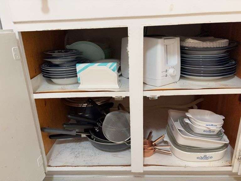 Contents of kitchen cupboard - Kitchen Aid toaster, Corning Cornflower casserole dishes & other, cookware, dinnerware