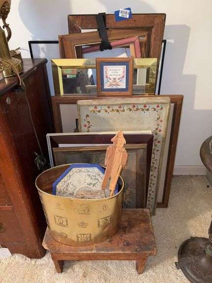 Various picture frames, wooden stool, waste can, wooden toy