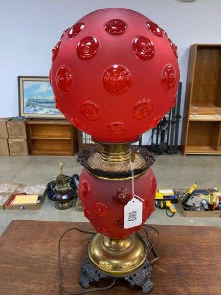 Red satin glass Bullseye parlor lamp w/ ball shade, electrified 24” tall
