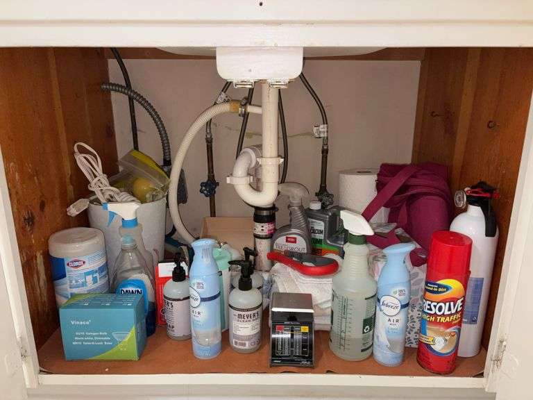 Contents of kitchen cupboard - misc  lot of cleaning supplies, fire extinguisher & more