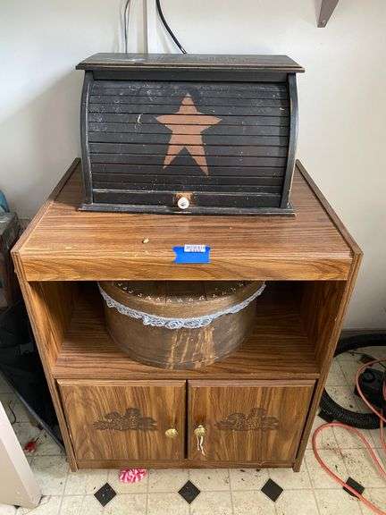 Microwave stand and contents: country bread box, painted cheese box24.5x19x30