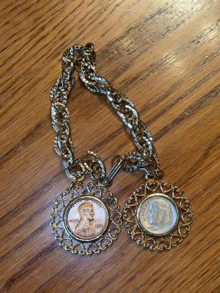 Coin charm bracelet: 1973 Lincoln cent and 1968 Roosevelt dime