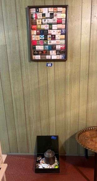 Wall mount matchbook collection 17x22 & box of matchbooks w/ copper canister