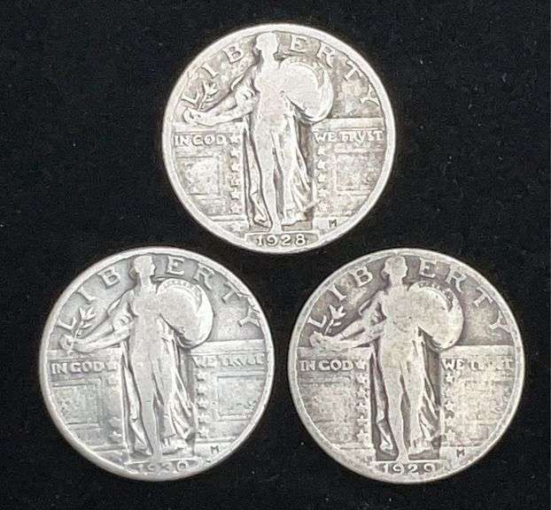 3 US Silver Standing Liberty Quarters - 1928 - 1929 - 1930