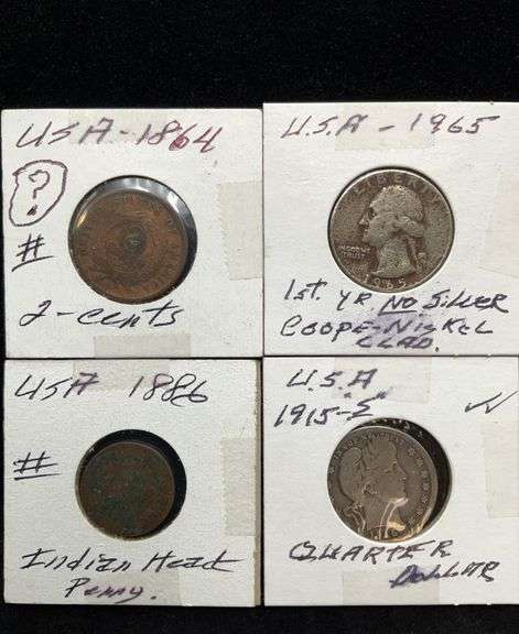 Lot of 4 US Coins - 1886 Indian Cent, 1864 Two Cent Piece, 1915-S Barber Quarter, 1965 Washington Quarter