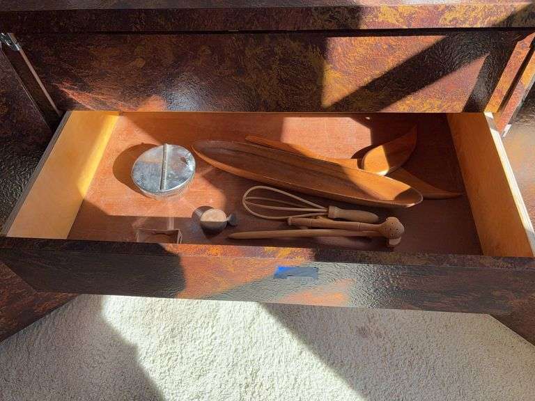 Contents of drawer and cupboard: wooden utensils, duck plaque, crystal candy dish, goblets, cobalt china bowl, cups, misc