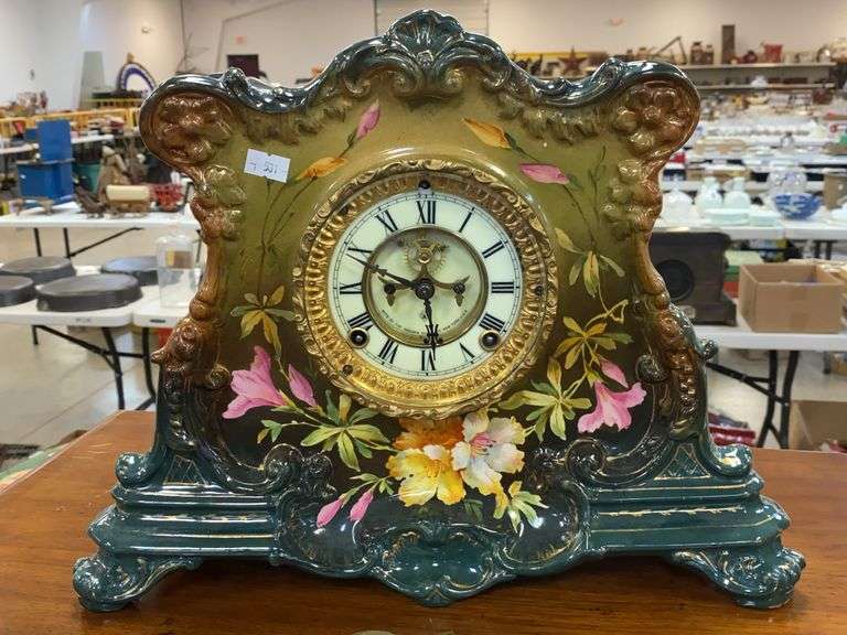 ANSONIA china case mantel clock in Royal Bonn case, visible escapement, uranium custard face 15.5x5.75x12